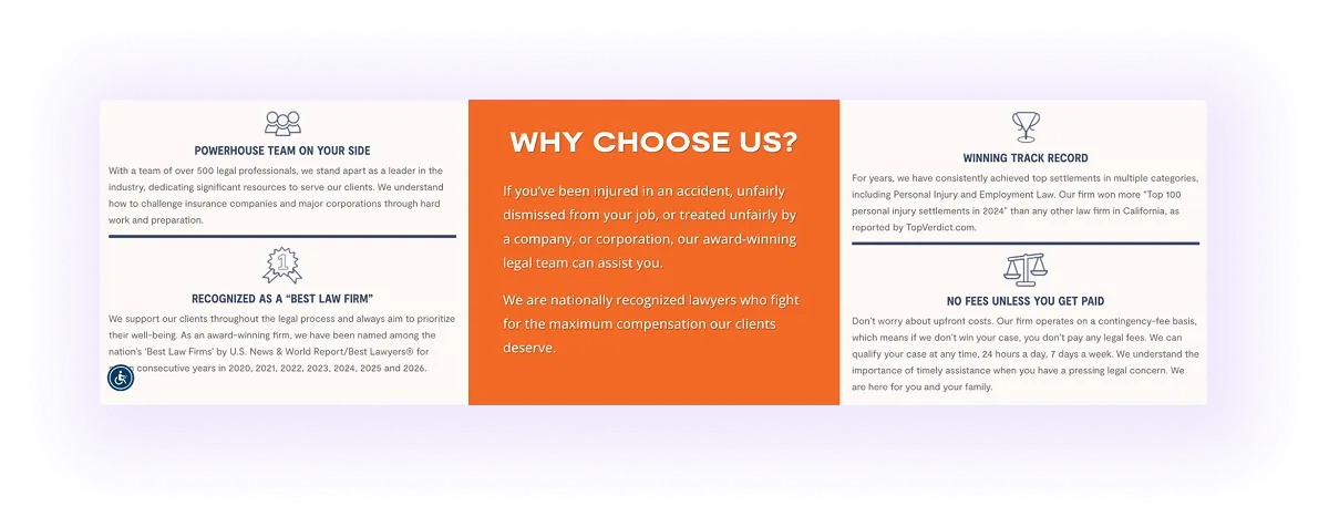 value proposition block on a law firm website