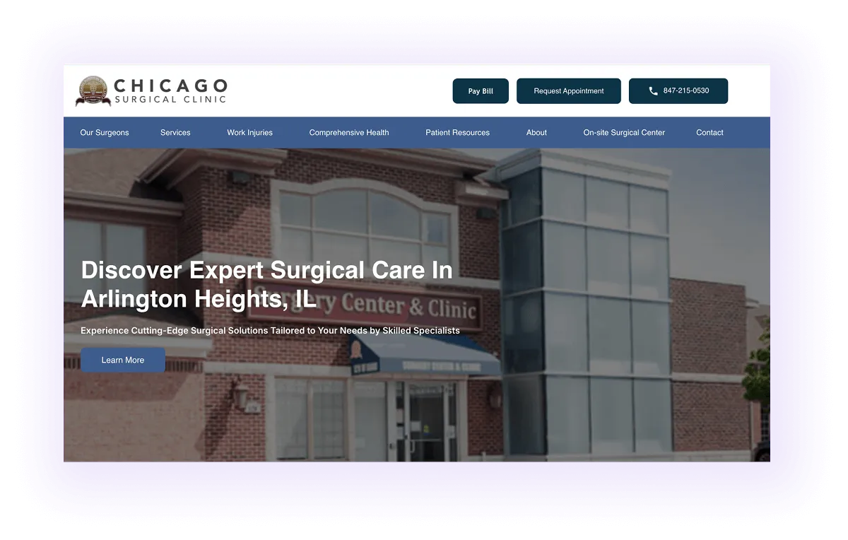 surgical clinic website hero section and navigation bar example