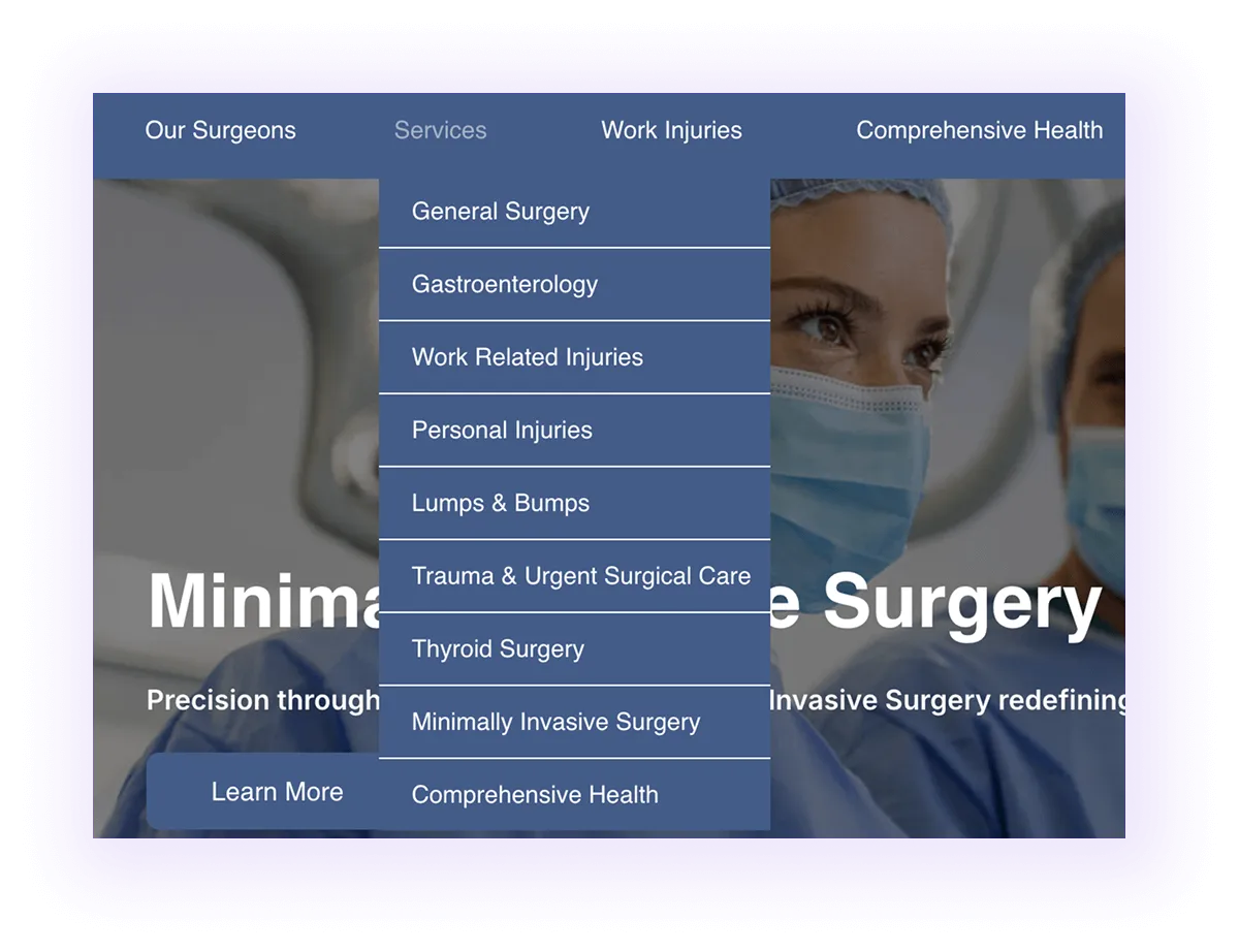 surgical clinic website navigation bar with surgery services drop-down menu