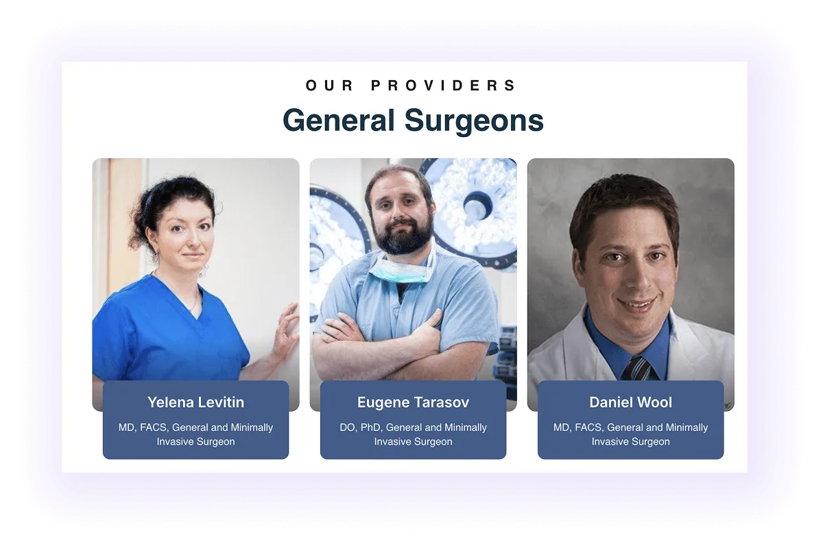 surgical clinic website with surgeon profiles linked on a general surgeons' page