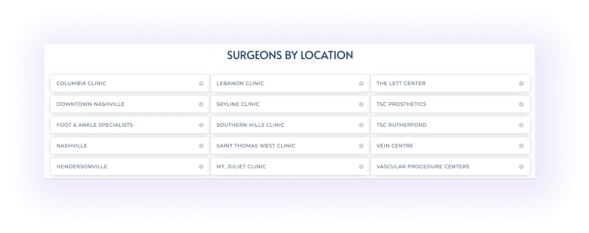 surgeons by location section on a landing page of a surgeon website