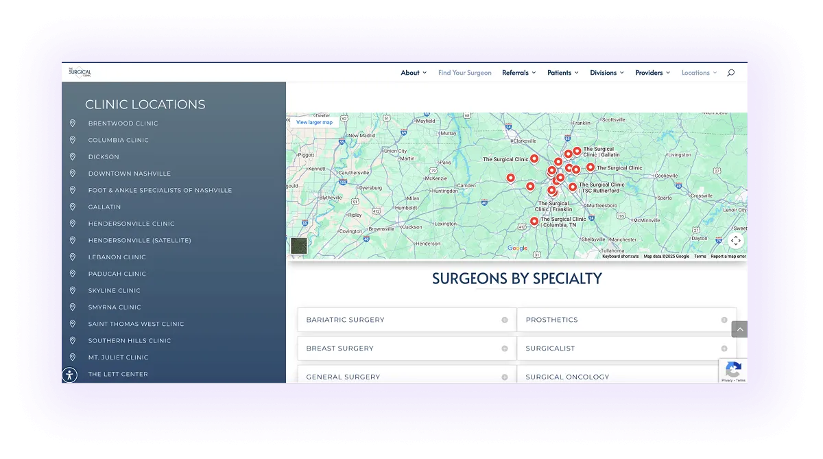 example of a map with clinic details on a central location hub page on a surgical clinic website