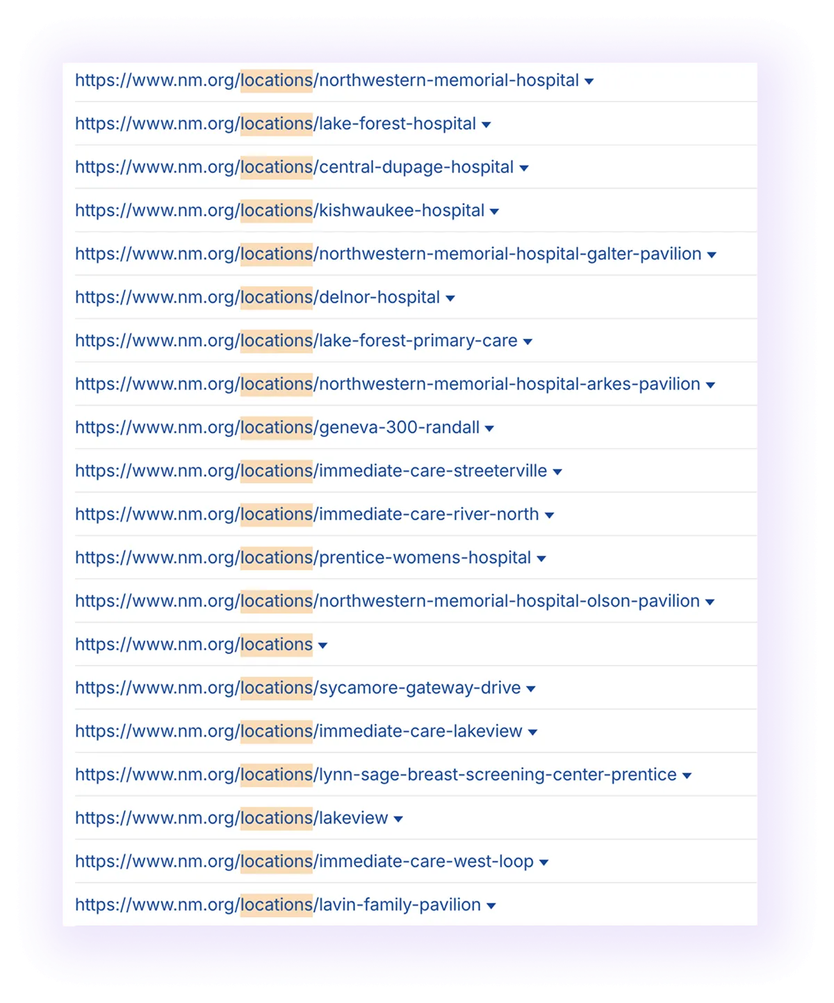 optimized URL structure for location pages in a national surgical clinic website