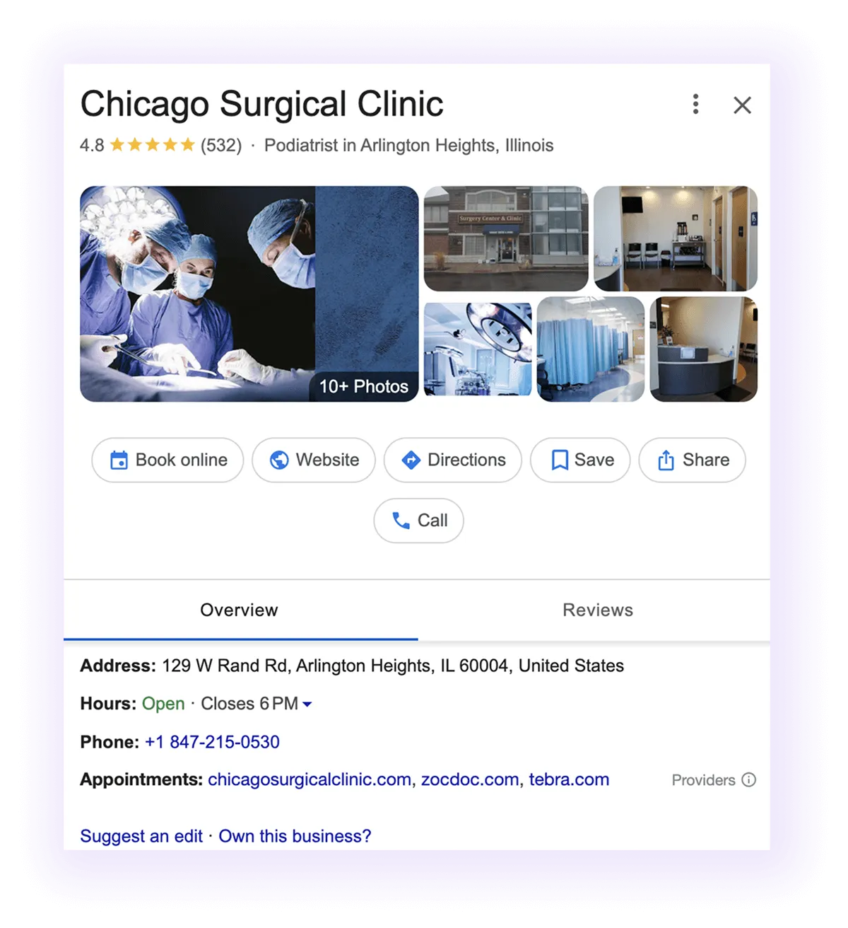 Google Business Profile overview and NAP example for a surgical clinic GMB listing