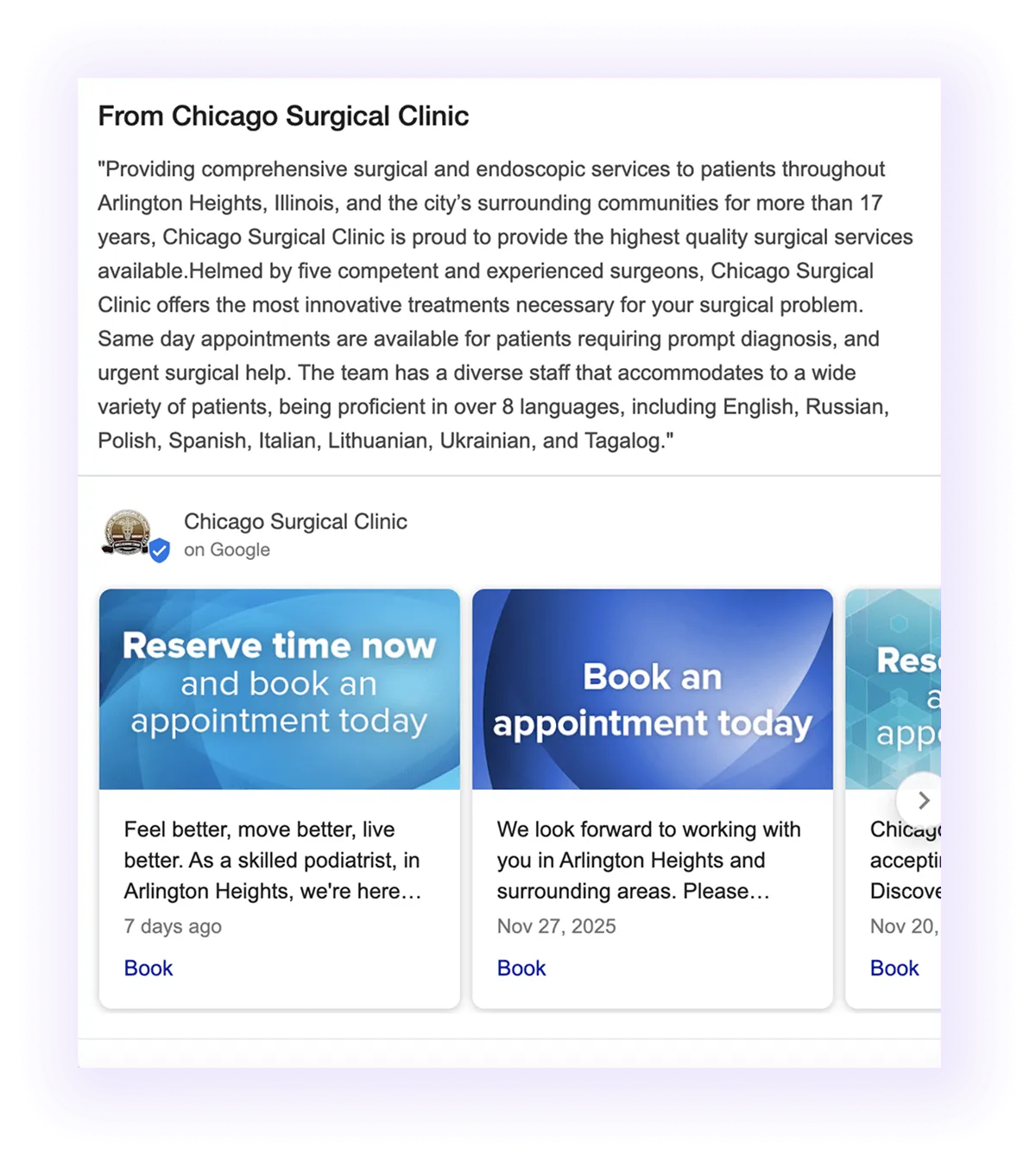 clinic description section example for a surgeon GMB listing