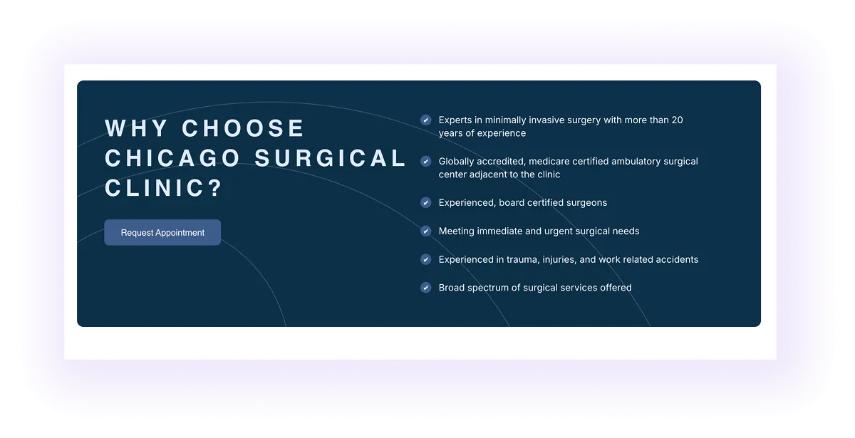 clear value proposition block on a surgical clinic website