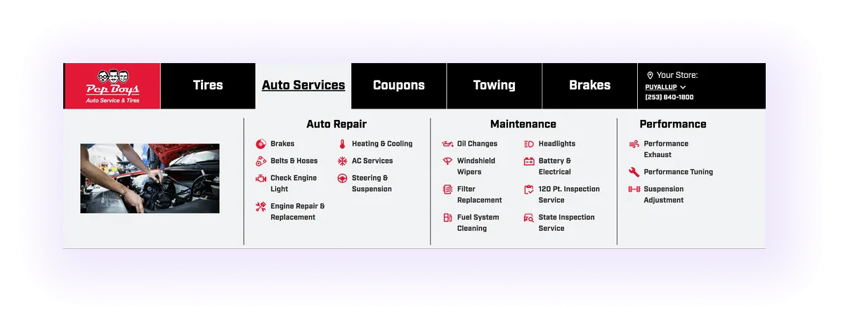 auto repair and maintenance service website navigation bar with auto services drop-down menu