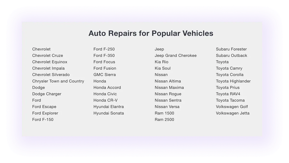 automotive service website with popular vehicles auto repairs listed