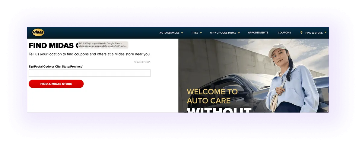 automotive service website with a separate page for coupons