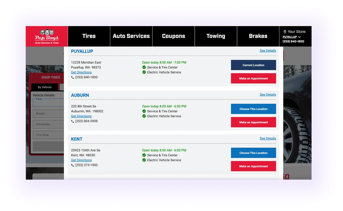auto repair and maintenance service website with locations information containing address, directions, phone number, and services offered at the location