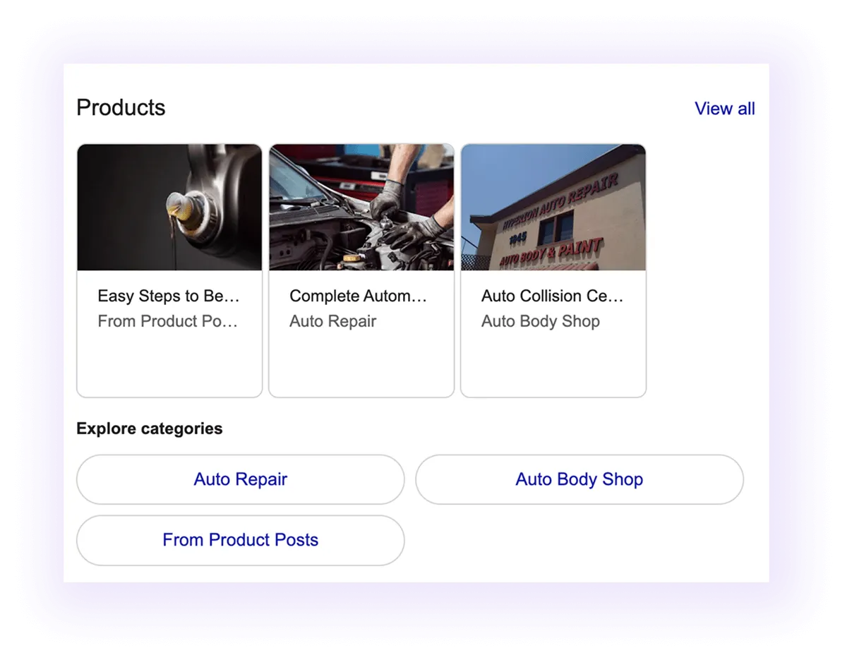 products and categories sections example for an automotive business GMB listing