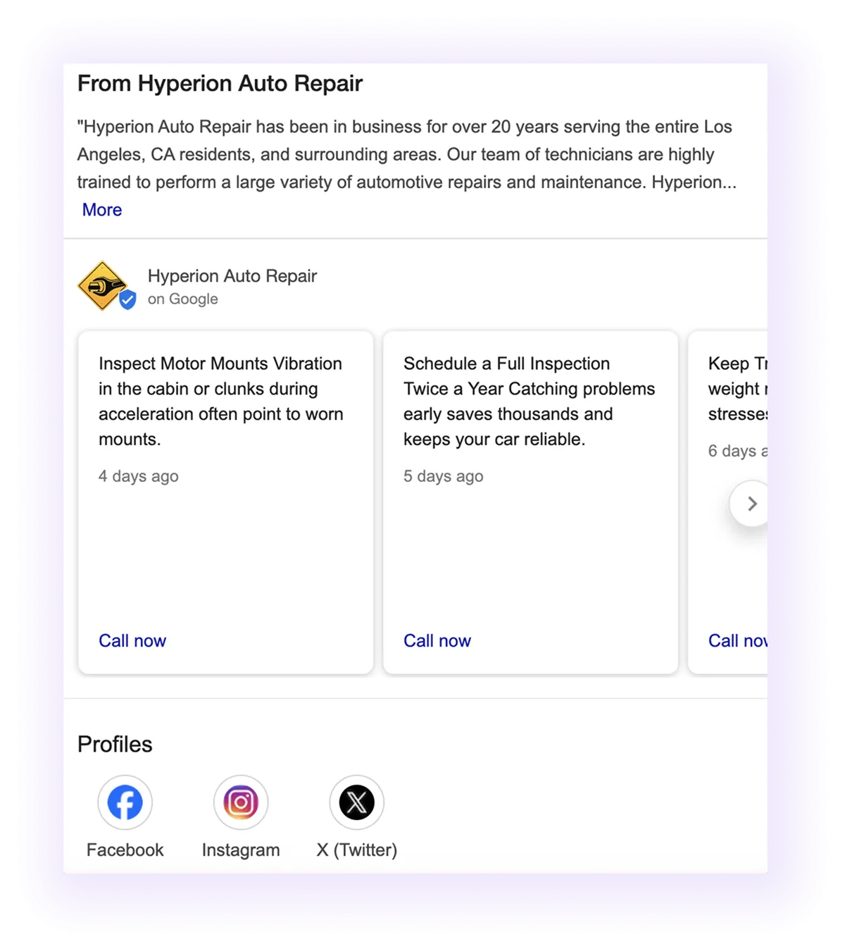 business description and social media profiles sections example for an automotive business GMB listing