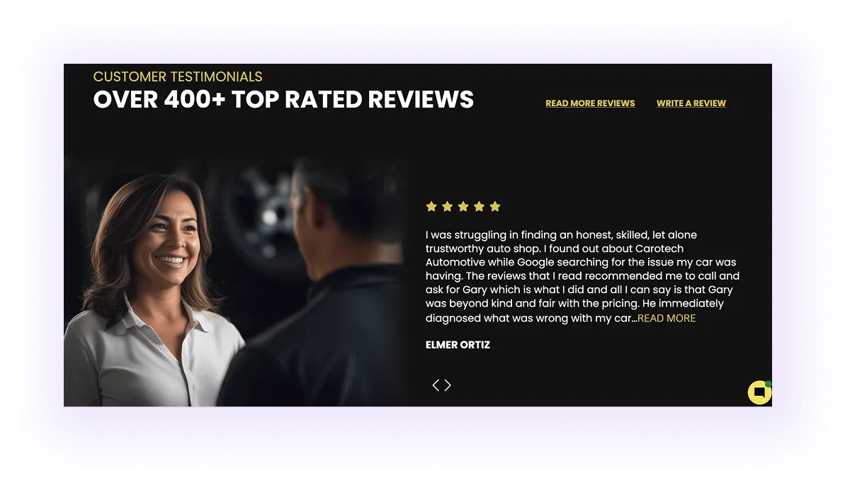 customer reviews block on an automotive business website