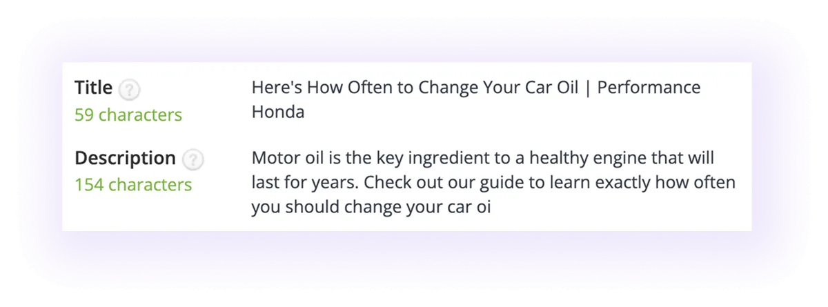 optimized meta title and meta description in a car oil change blog on an automotive business website