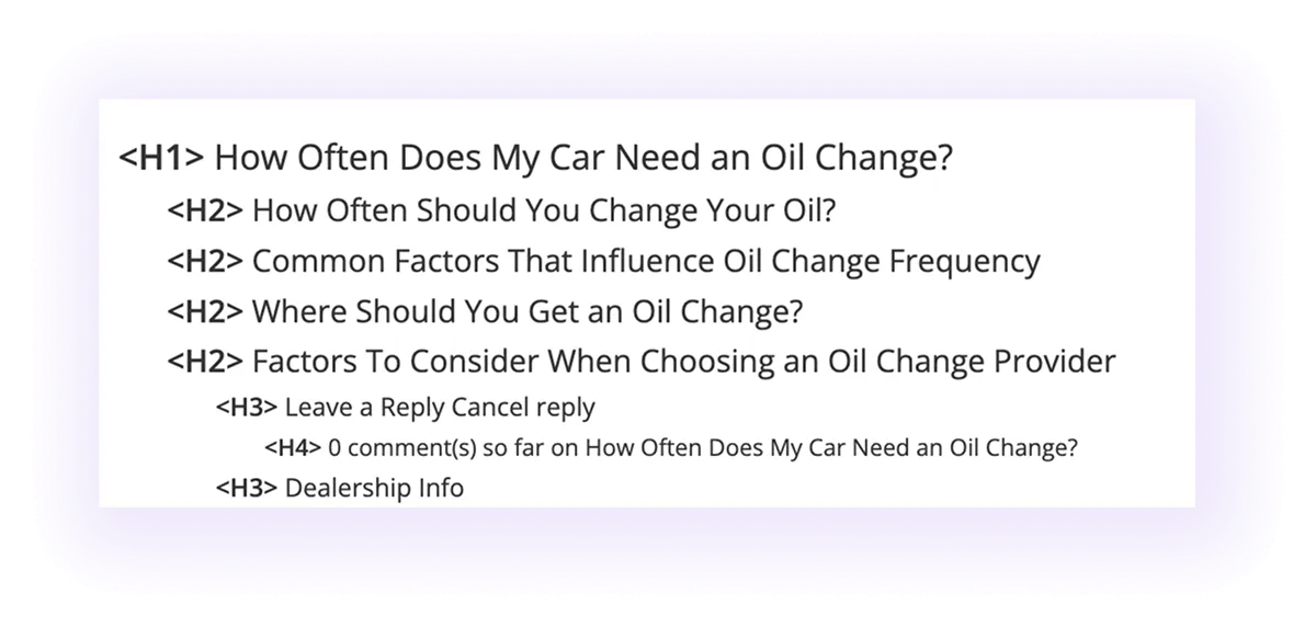 blog post heading structure in a car oil change blog on an automotive business website