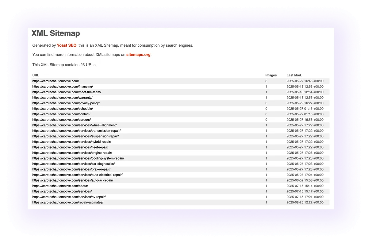 example of an optimized XML sitemap for an automotive business website