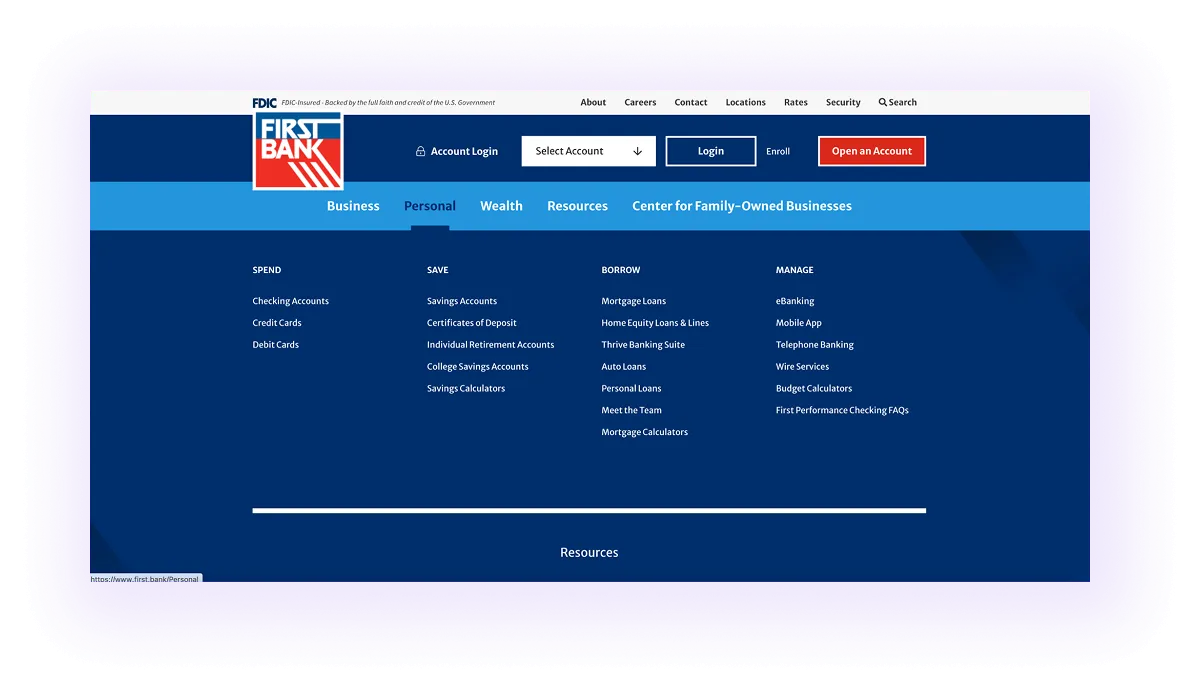 bank website leading the target audience for personal banking to the right pages through the navigation bar