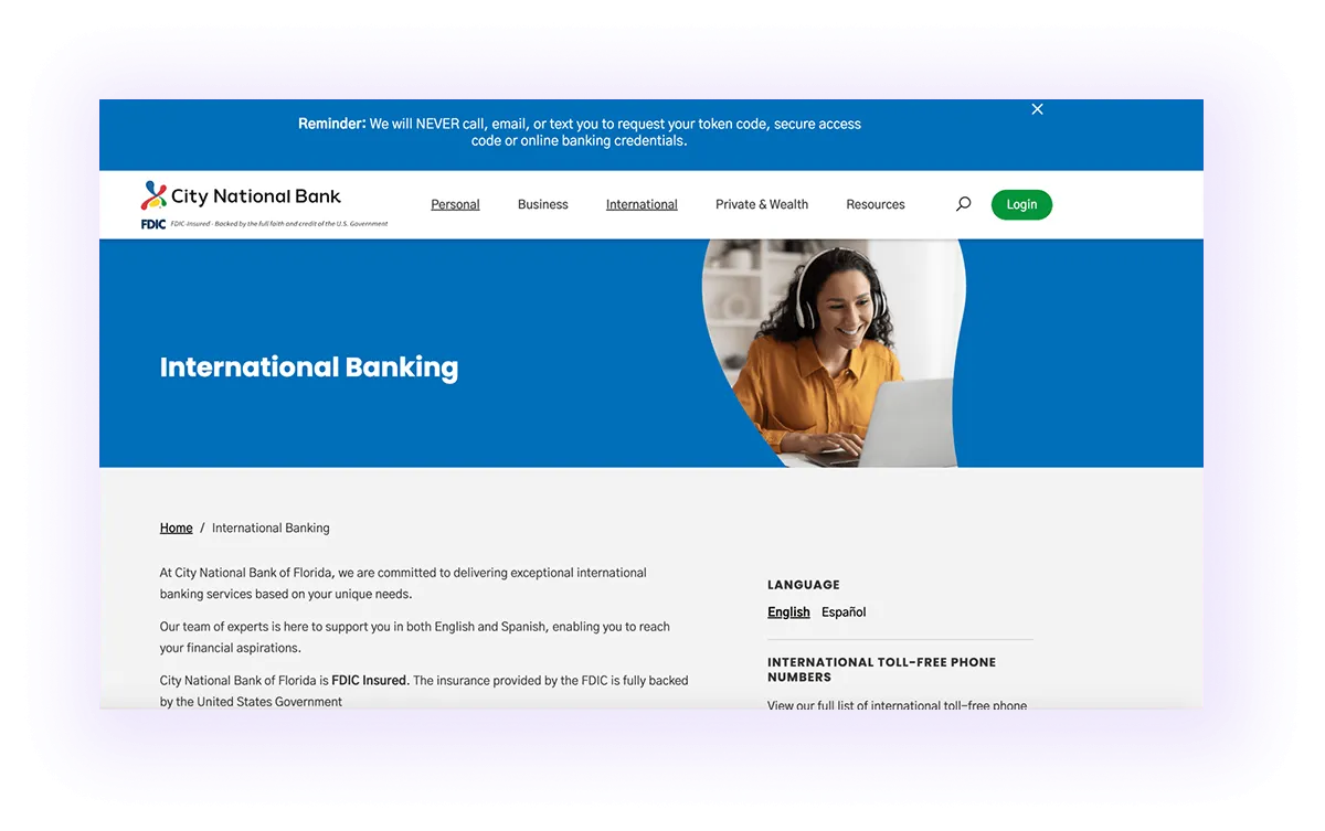 international banking landing page on a bank website