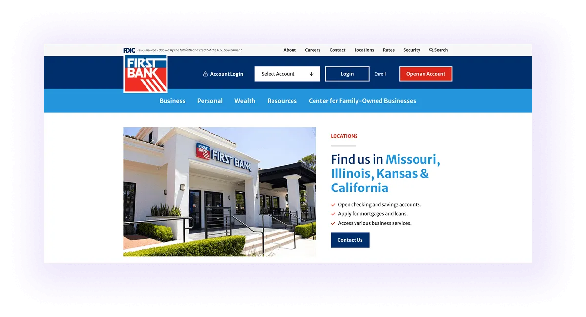 local banking services website using locational keywords in the hero section of the homepage