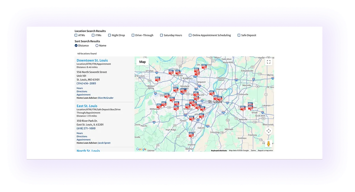 interactive map on a banking website highlighting bank branches and locations