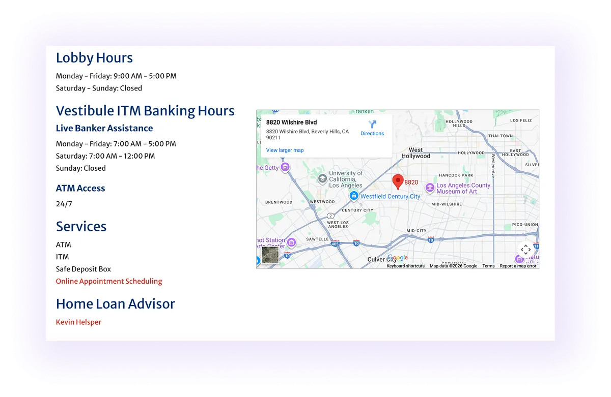 example of usage of maps, opening hours, services, ATM access, and other details mentioned on a local service page of a bank's webiste