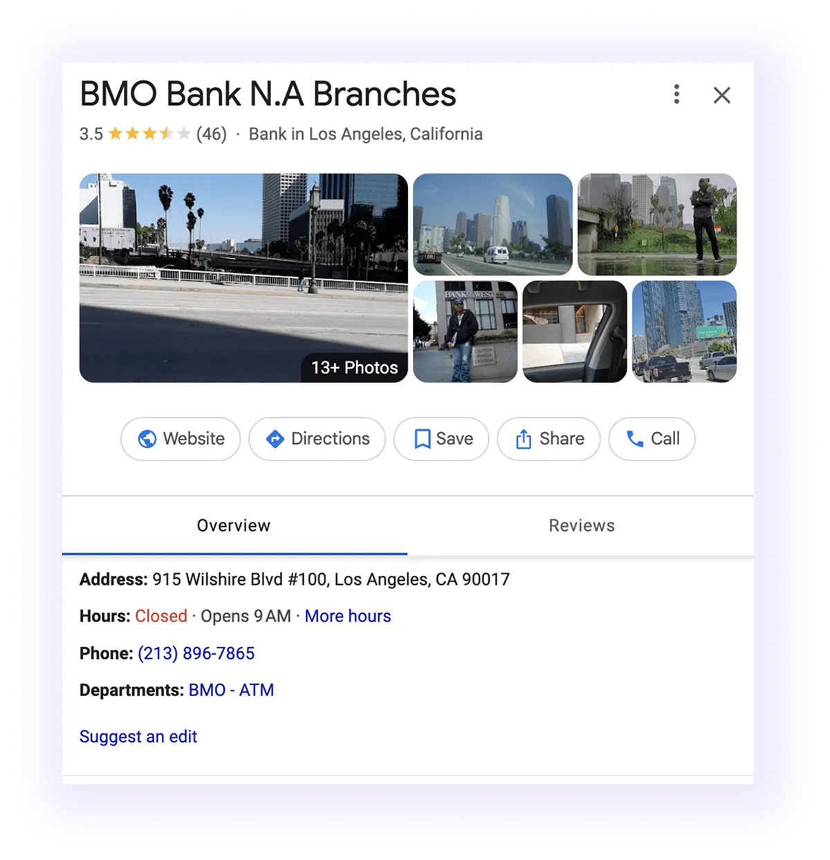 Google Business Profile overview example for a bank GMB listing