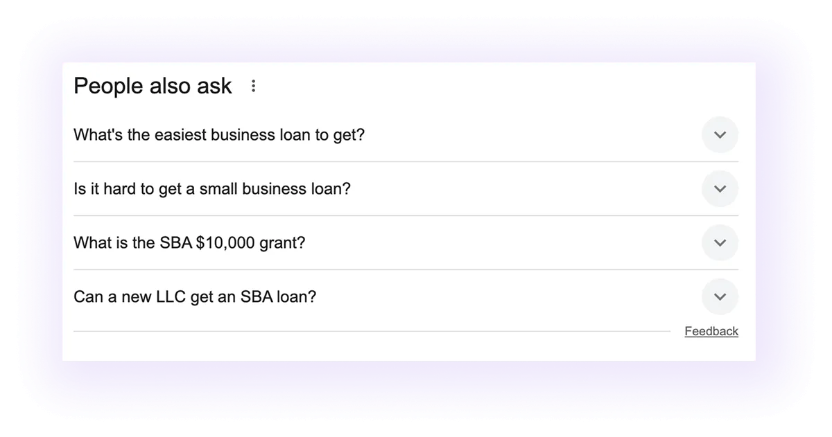 google’s people also ask for "small business loan" keyword