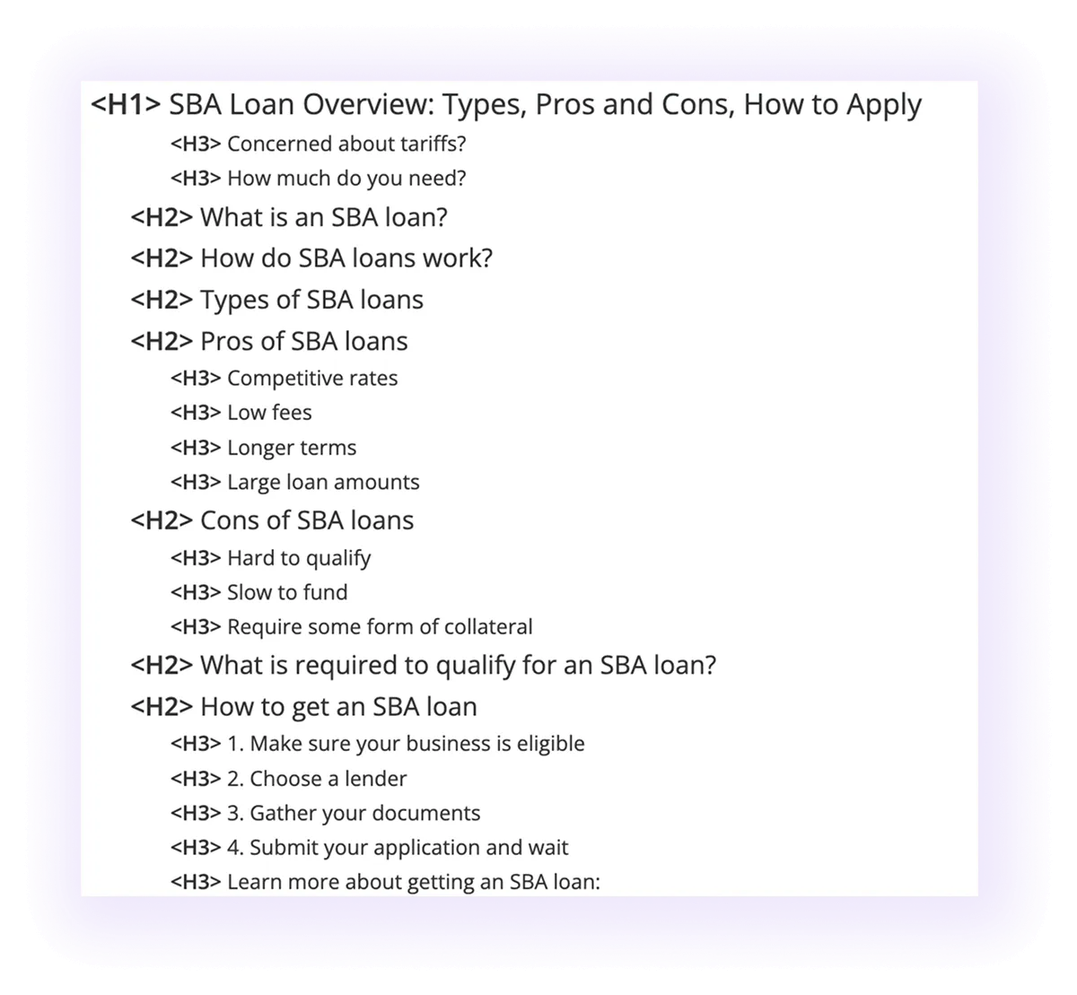 an SBA loan blog post heading structure on a banking website