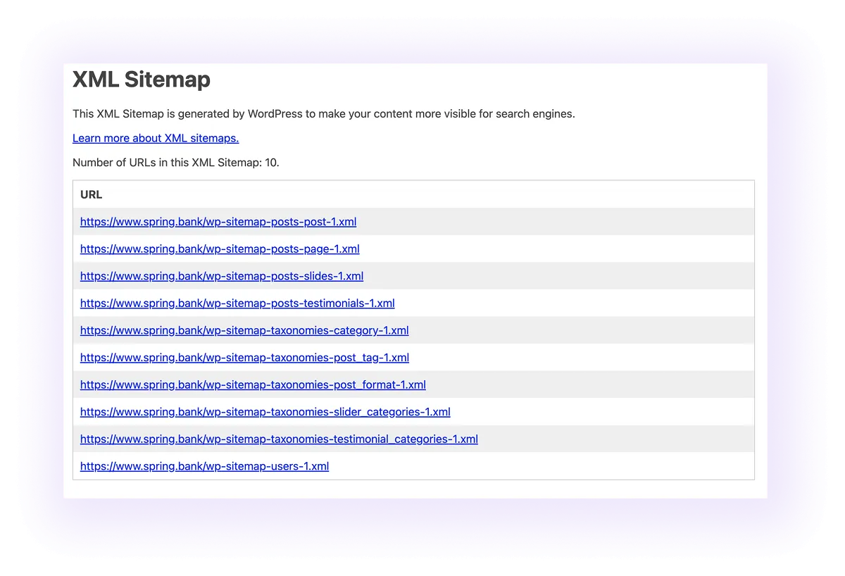 example of an optimized XML sitemap for a bank website