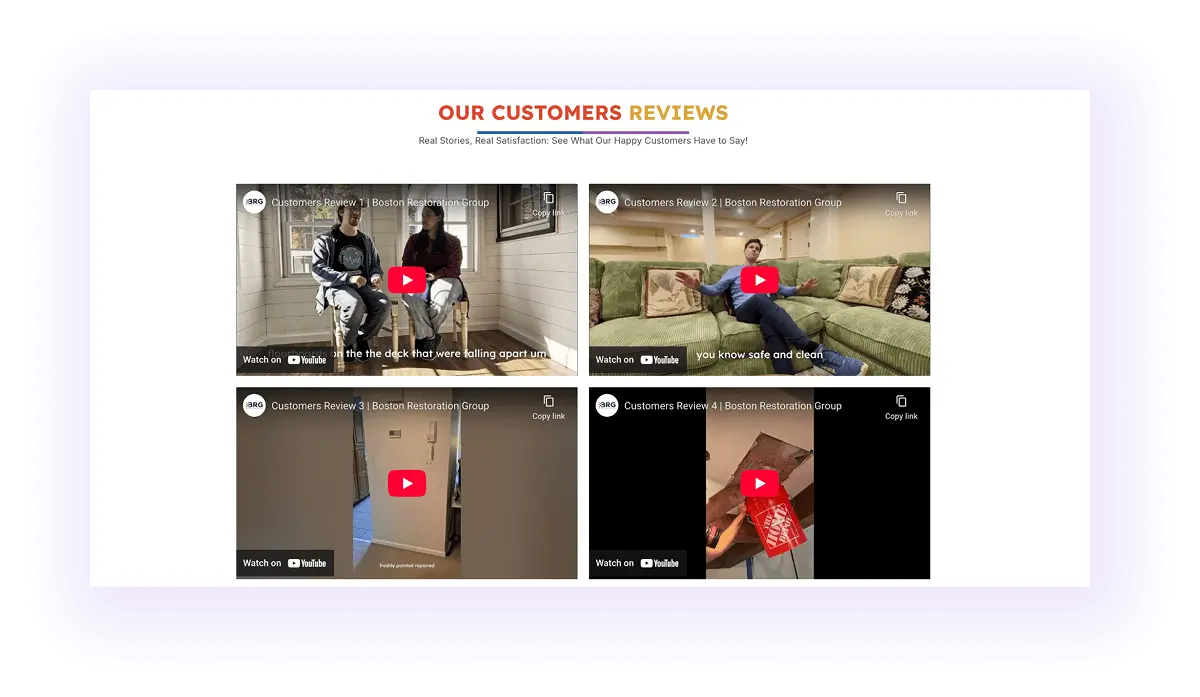 reviews and testimonials block on a restoration website