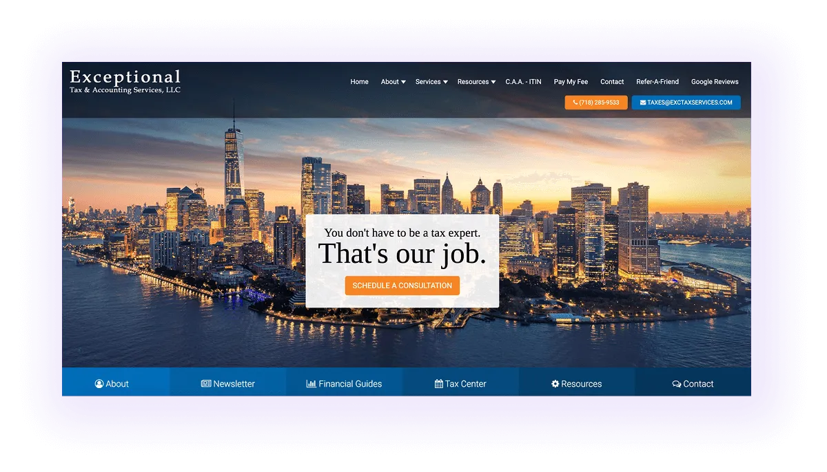 tax and accounting services sites hero section and navigation bar example