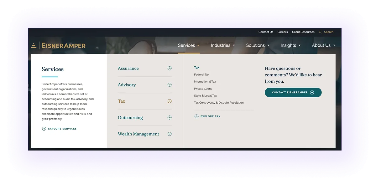 tax and accounting website services menu with sub-service pages linked