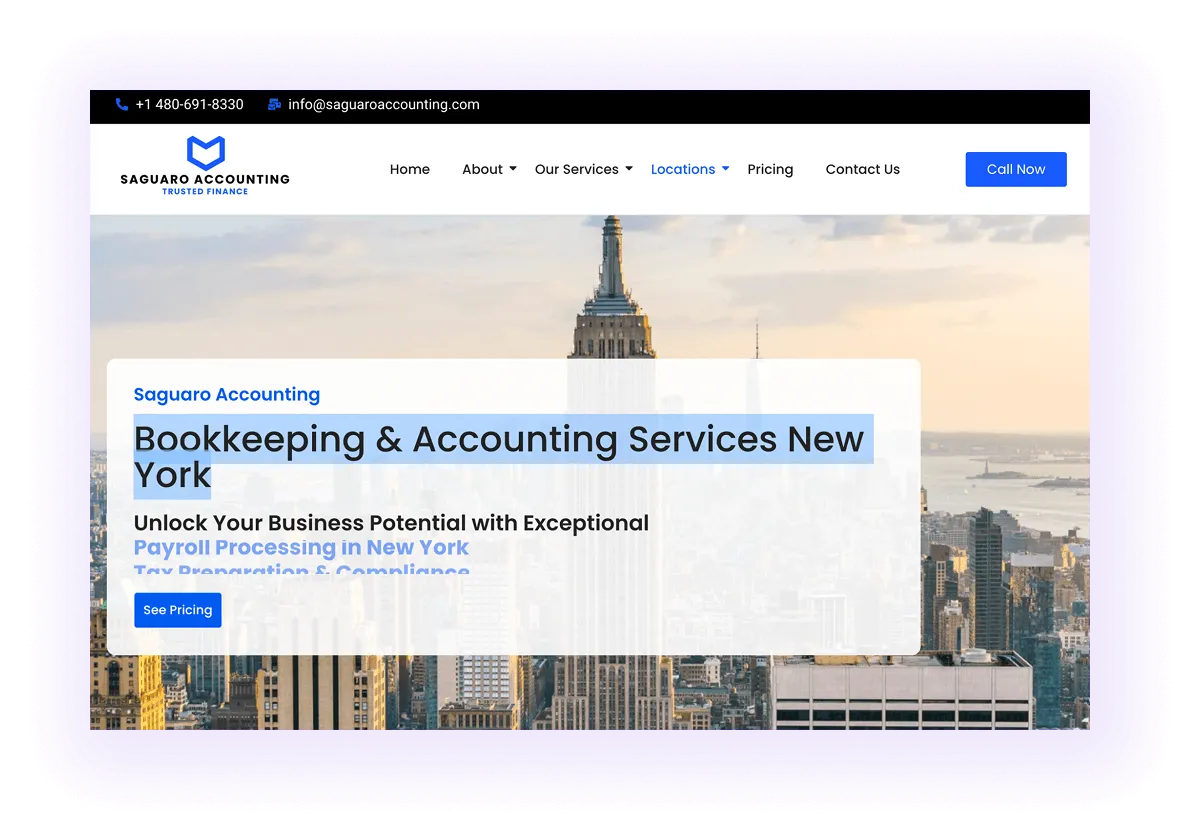 example of a local keyword used in an New York-focused national accounting business website's location page