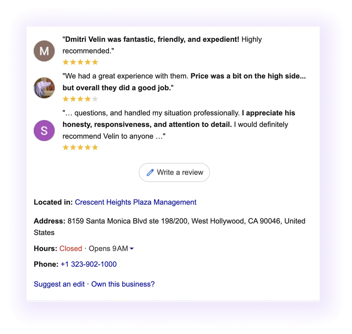 review and NAP sections example for an accounting business GMB listing