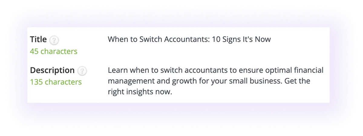 optimized meta title and meta description in a blog on "When to Switch Accountants"