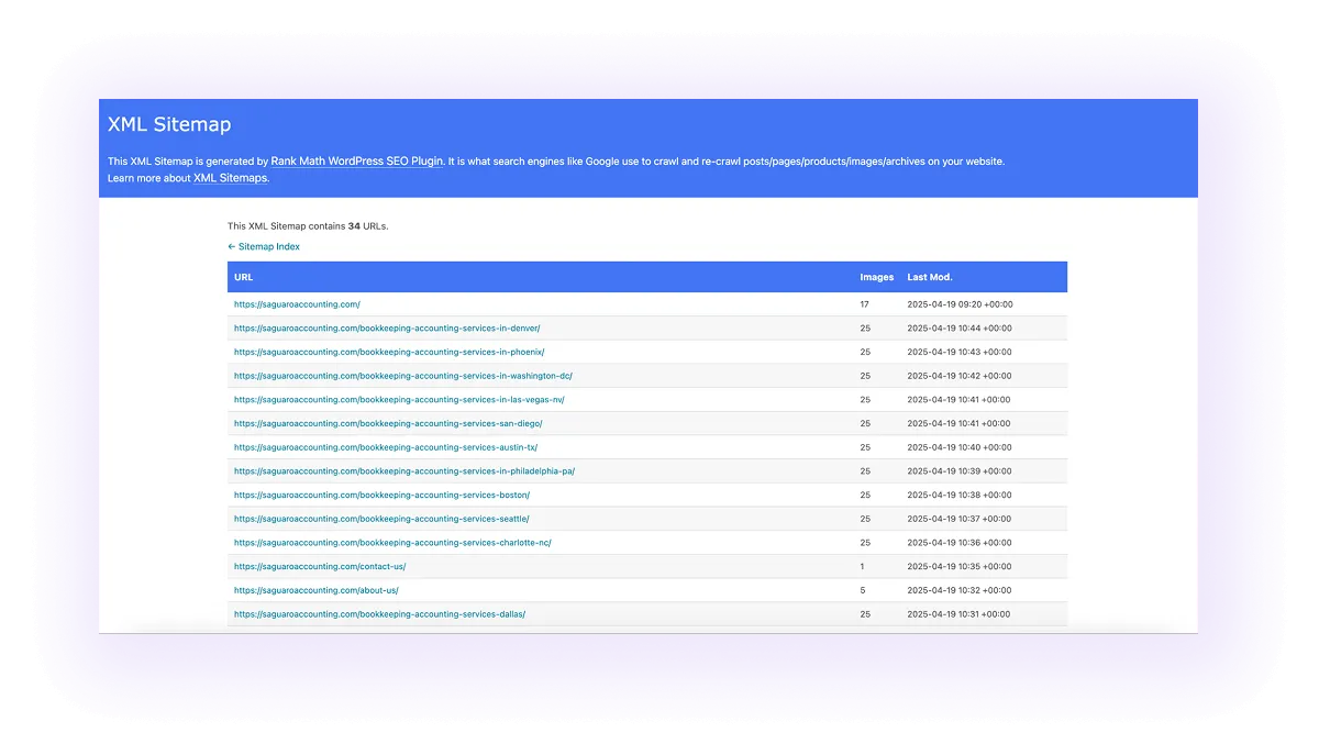 example of an optimized XML sitemap for an accounting services website