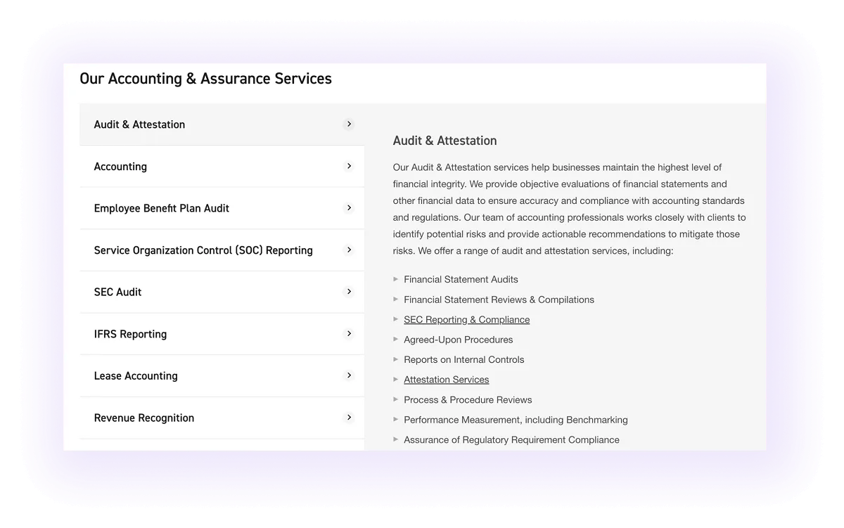 alt text: example of service-to-service linking section on an accounting business website