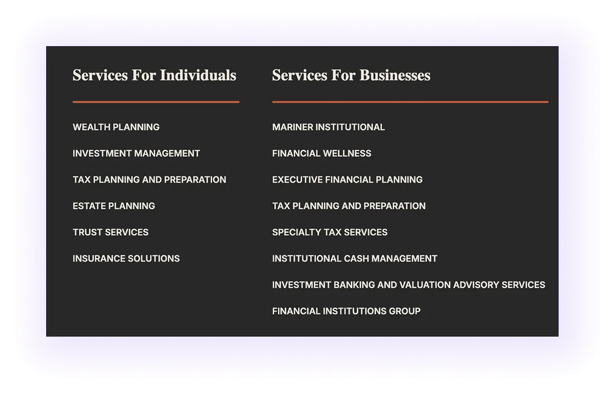 financial services website dividing services for individuals and businesses (B2C and B2B)