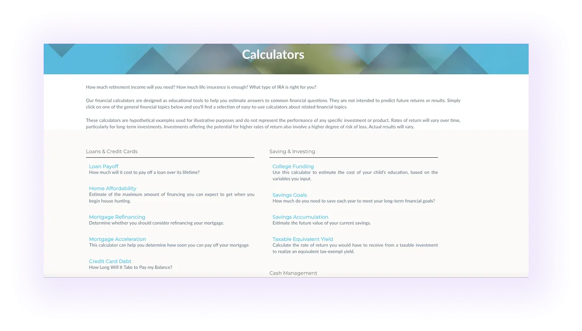 financial calculators linked in a financial advisor website