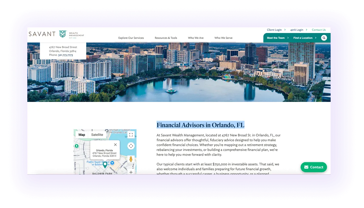 example of a local keyword used in an Orlando, FL-focused national financial advising business website's location page