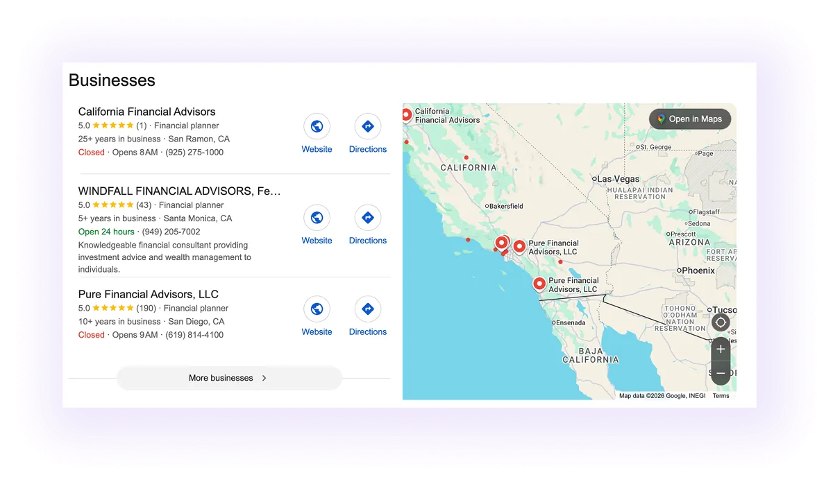 financial business Google Business Profiles showing up on Google Maps in CA