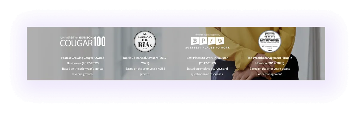 Awards block on a financial advising services website