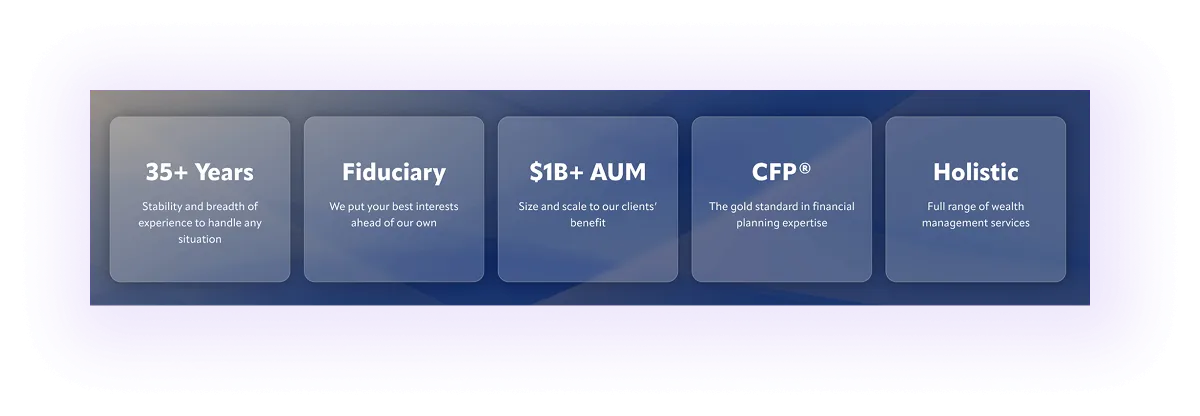 Value proposition and experience block on a financial advising services website