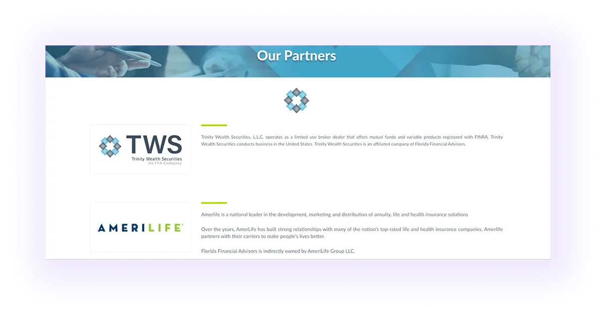 alt text: Partners block on a financial advising services website