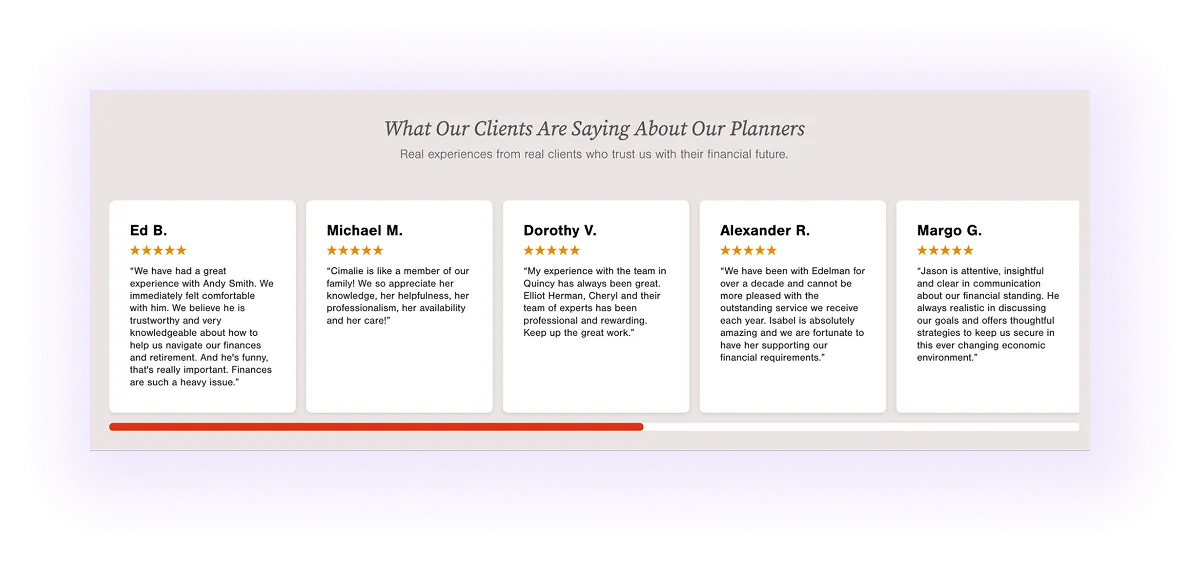 Client testimonials block on a financial advising services website