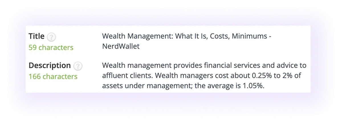 optimized meta title and meta description in a blog on wealth management