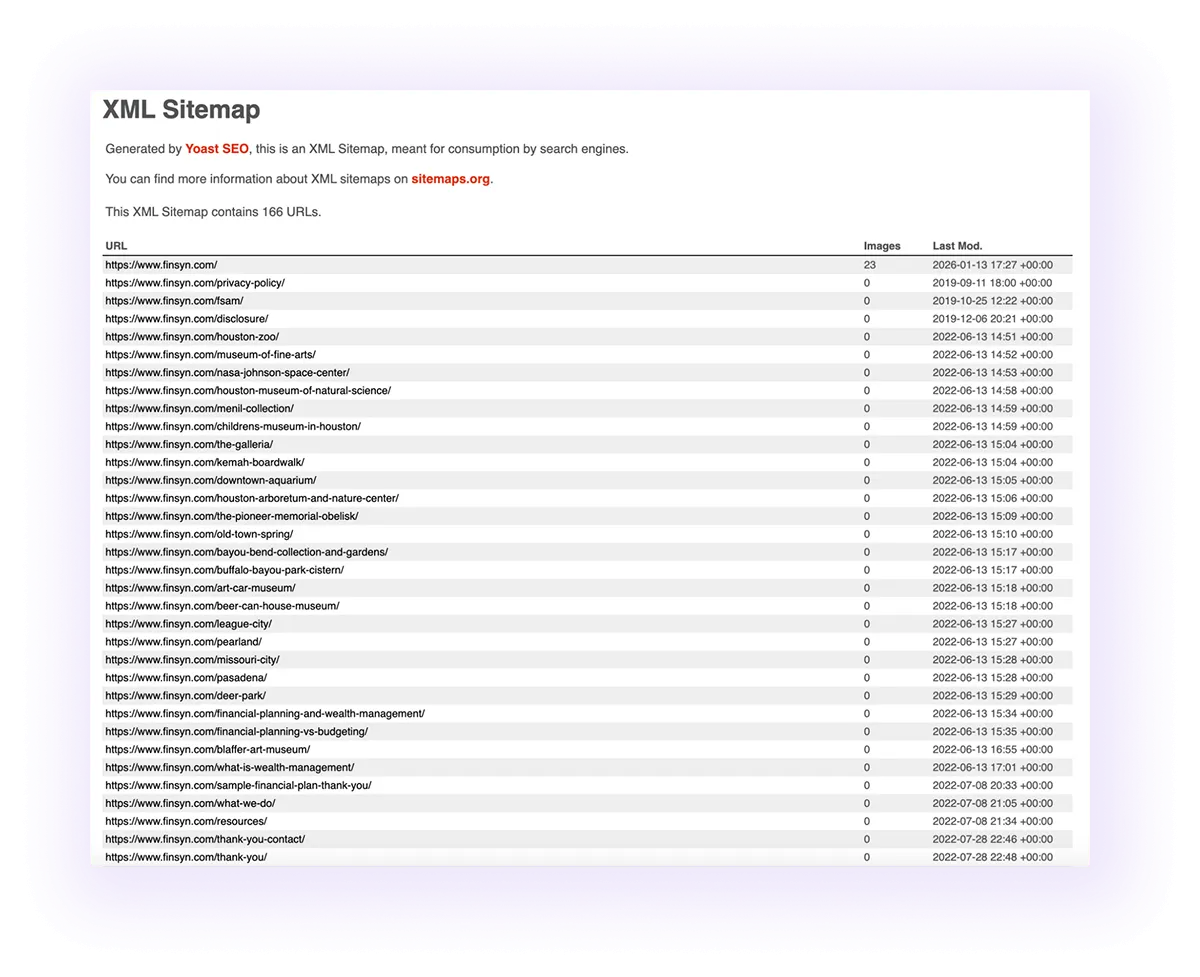 example of an optimized XML sitemap for a financial advising services website