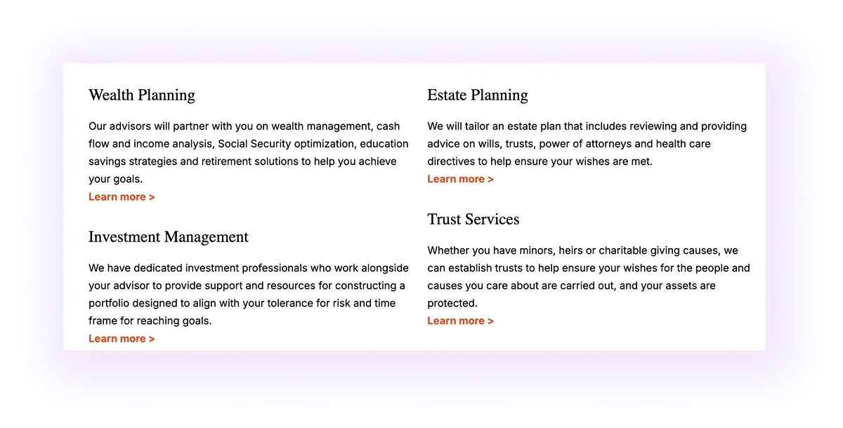 example of service-to-service linking section on a financial advising services website