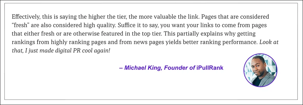 Michael King quote about the google leak & the effectiveness of digital pr for seo
