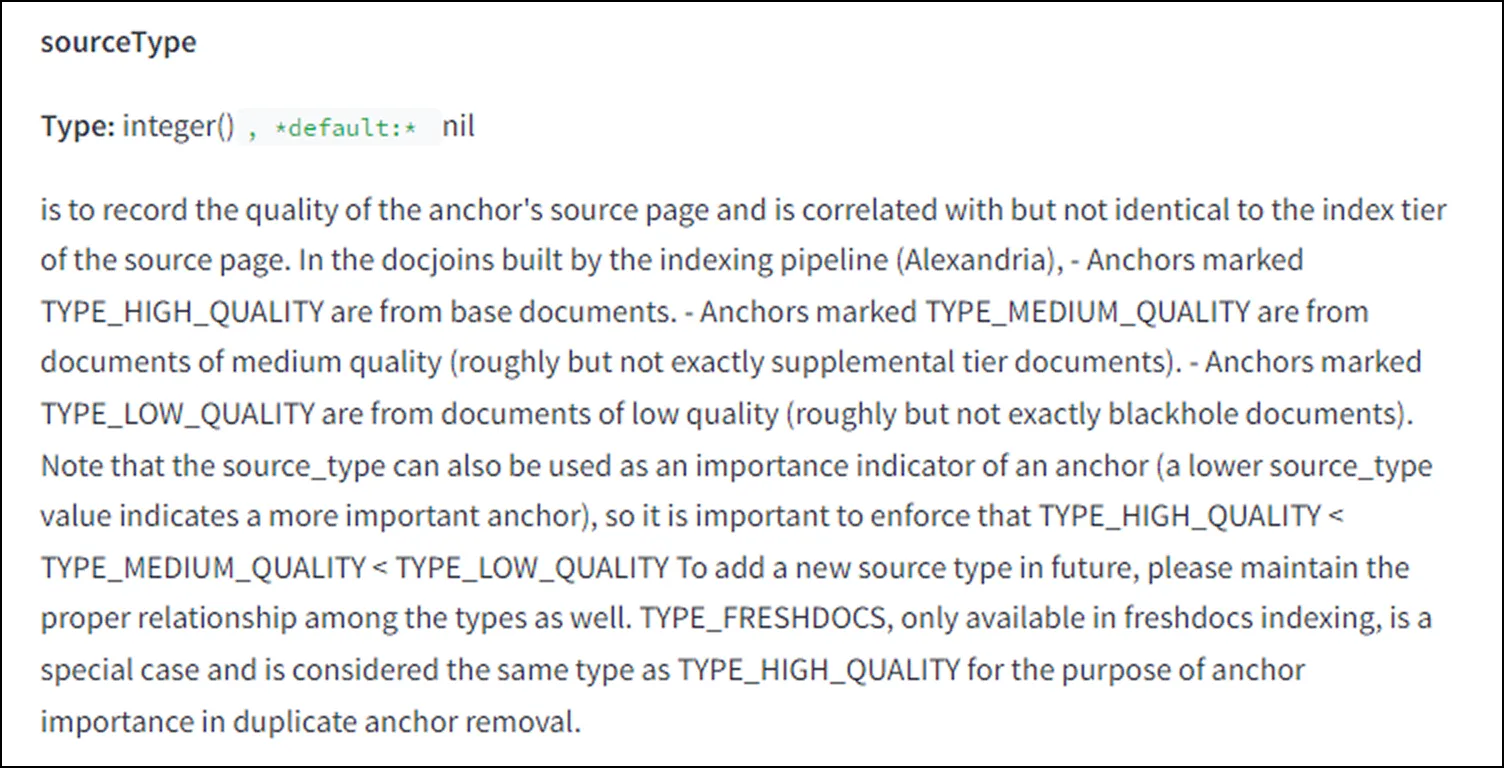 Google leaked API documentation showing sourceType attribute that ranks link quality into high, medium, and low quality tiers